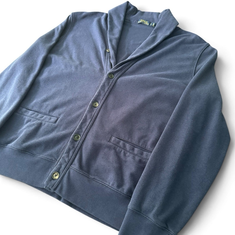 Polo Ralph Lauren Shawl Collar Cardigan Men L Blue Cotton Button Up Knit Sweater - Picture 2 of 15